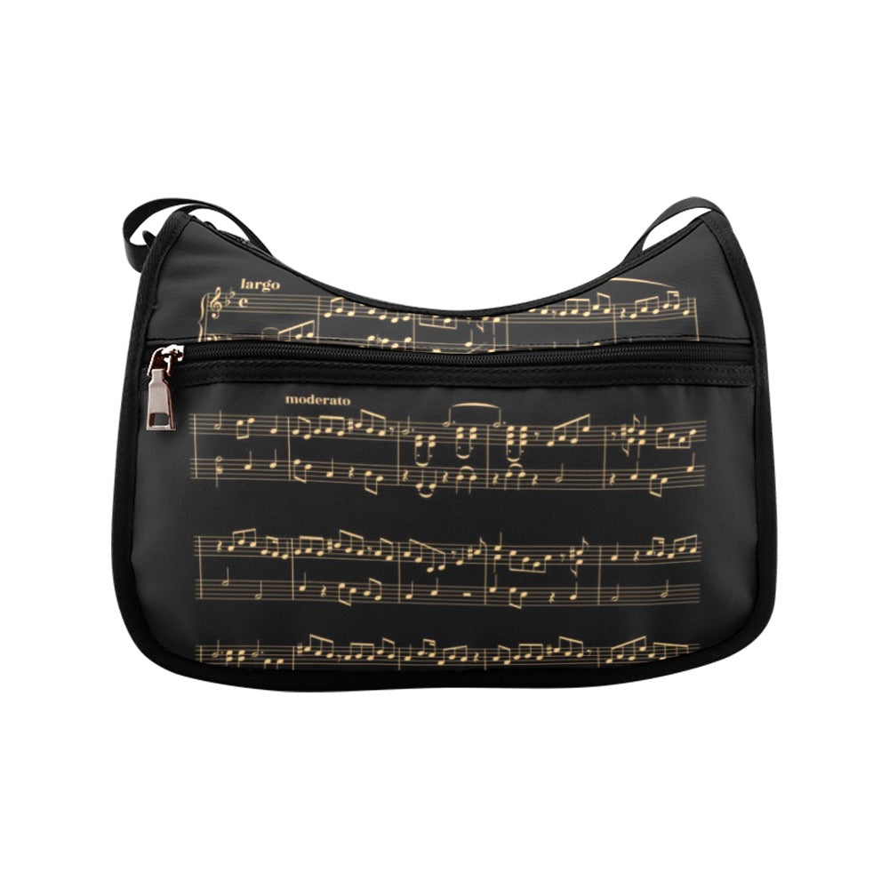 Midnight Melody Crossbody Bag - Black bag with gold sheet music design