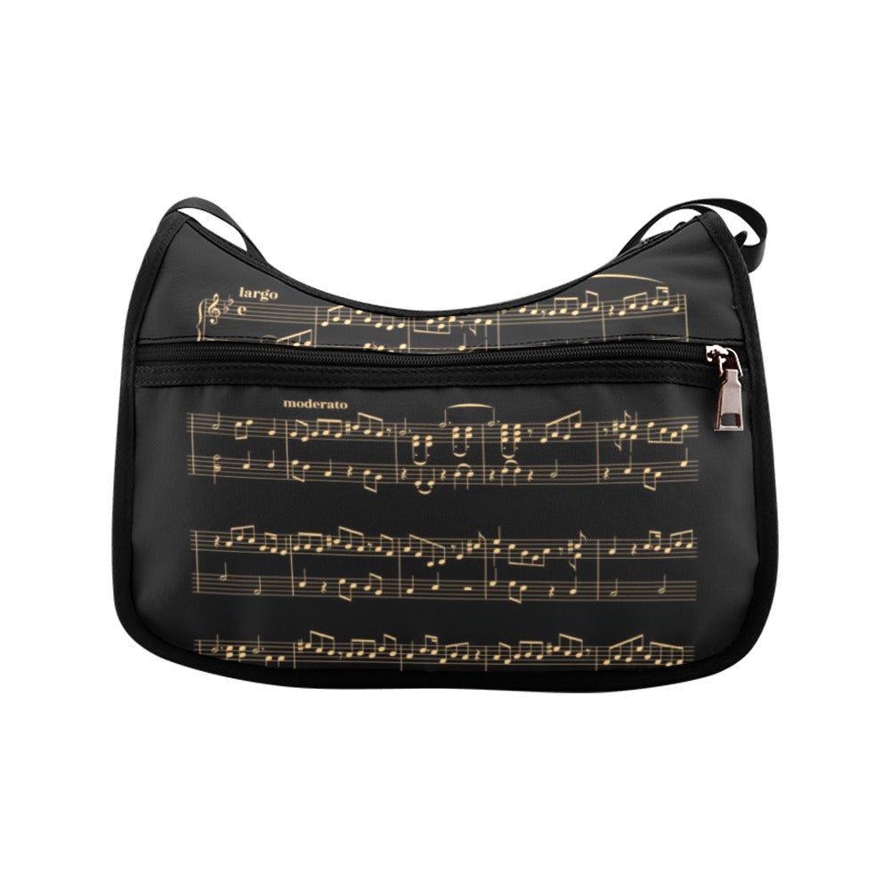 Midnight Melody Crossbody Bag - Black bag with gold sheet music design