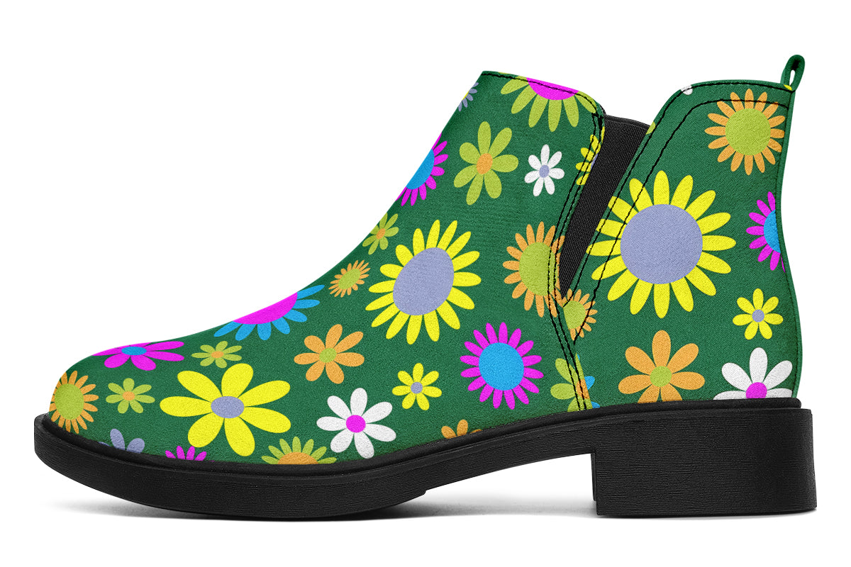 Green Retro Flowers Ankle Boots Black Sole Offbeat Sweetie