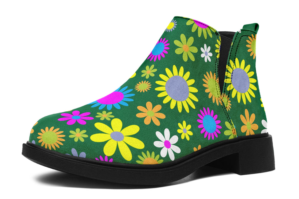 Green Retro Flowers Ankle Boots Offbeat Sweetie