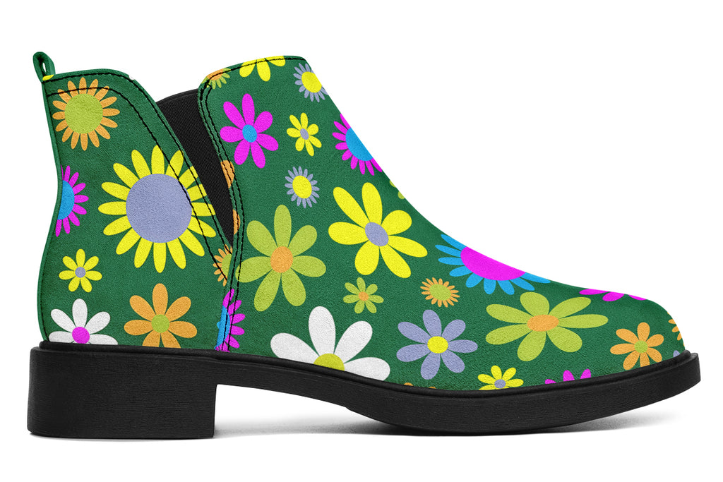 Green Retro Flowers Ankle Boots Offbeat Sweetie