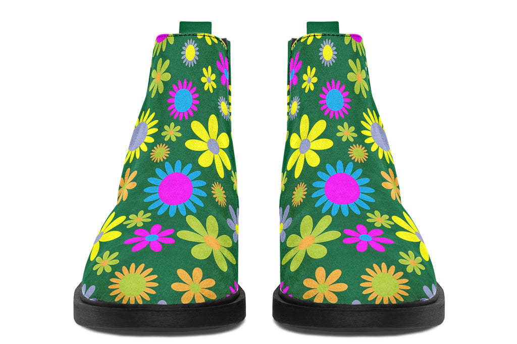 Green Retro Flowers Ankle Boots Offbeat Sweetie
