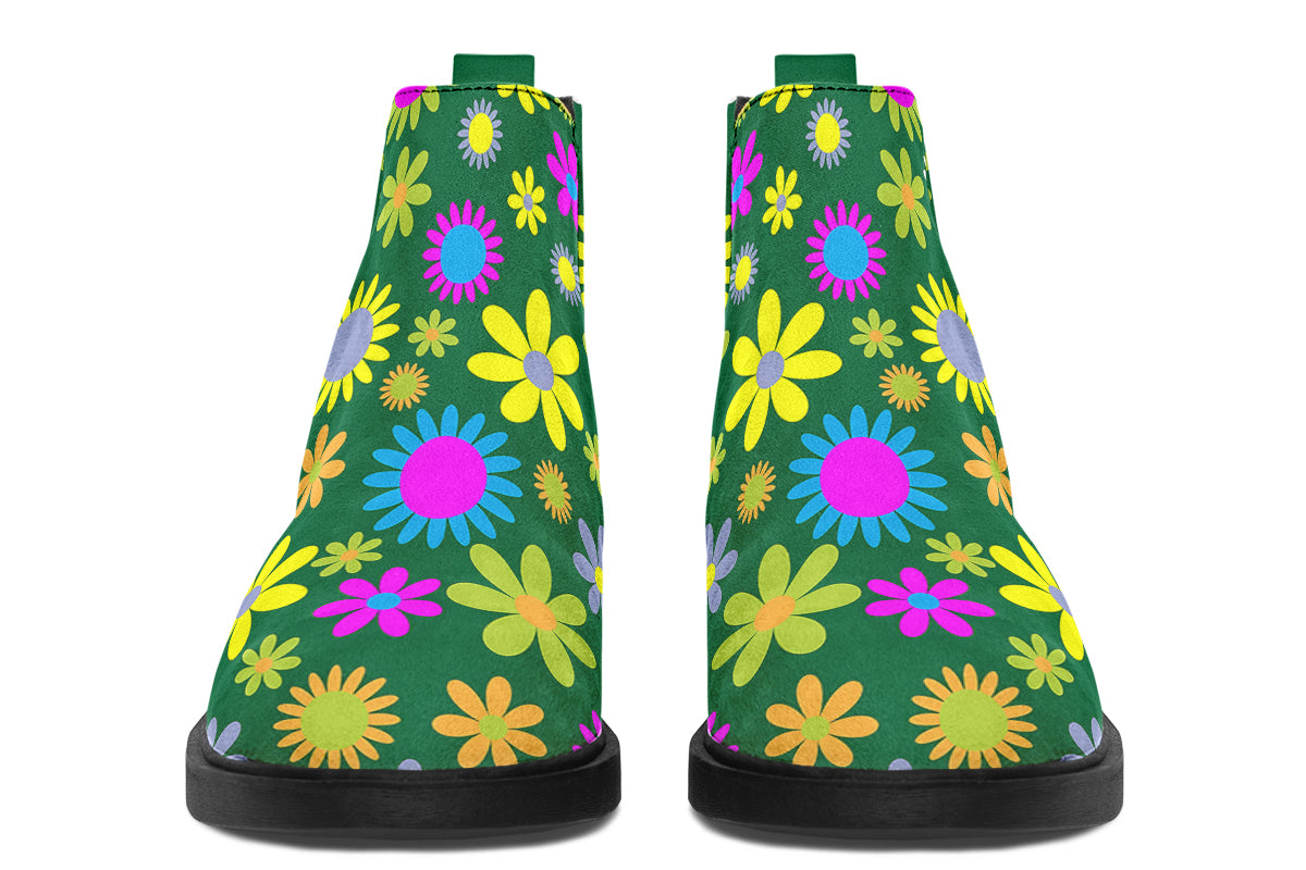 Green Retro Flowers Ankle Boots Offbeat Sweetie