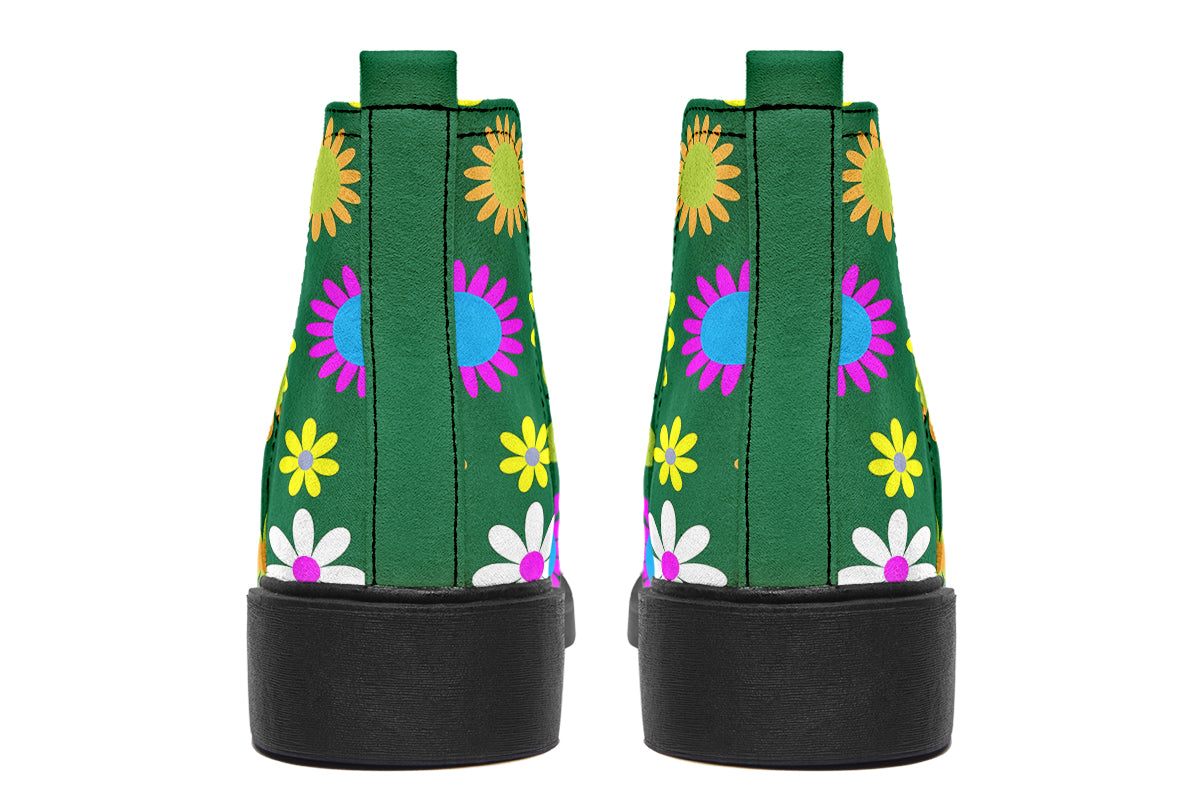 Green Retro Flowers Ankle Boots Offbeat Sweetie