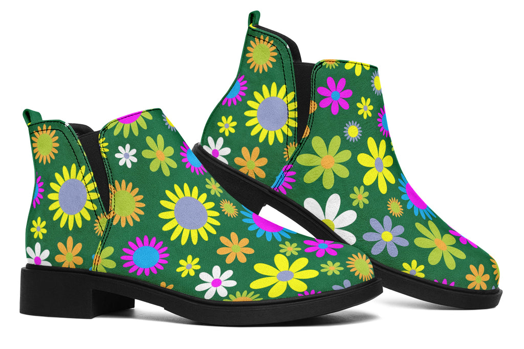 Green Retro Flowers Ankle Boots Offbeat Sweetie