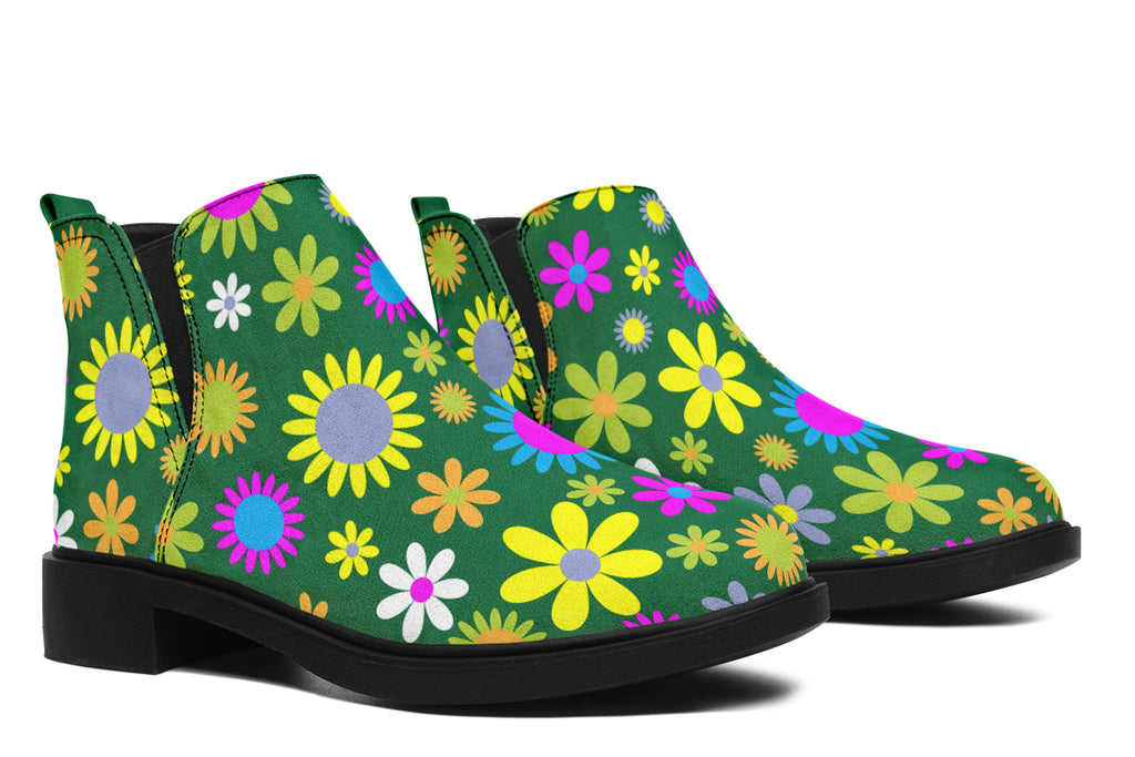 Green Retro Flowers Ankle Boots Offbeat Sweetie