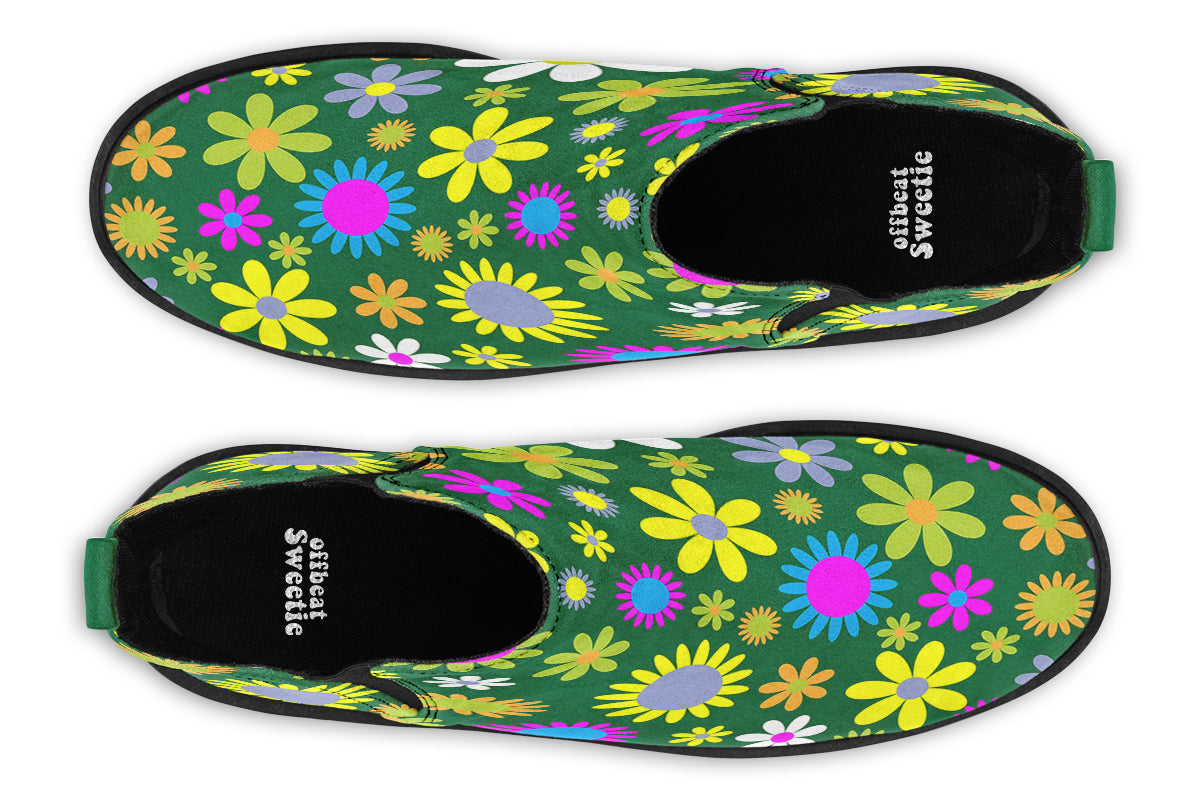 Green Retro Flowers Ankle Boots Offbeat Sweetie