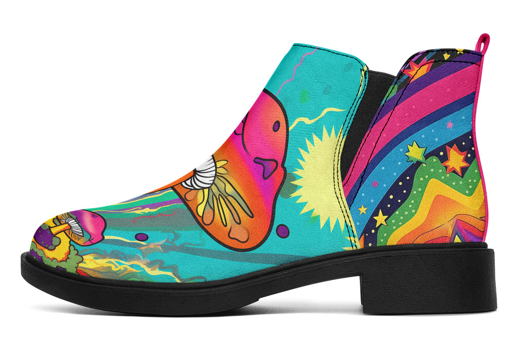Psychedelic Mushies Ankle Boots Black Sole Offbeat Sweetie