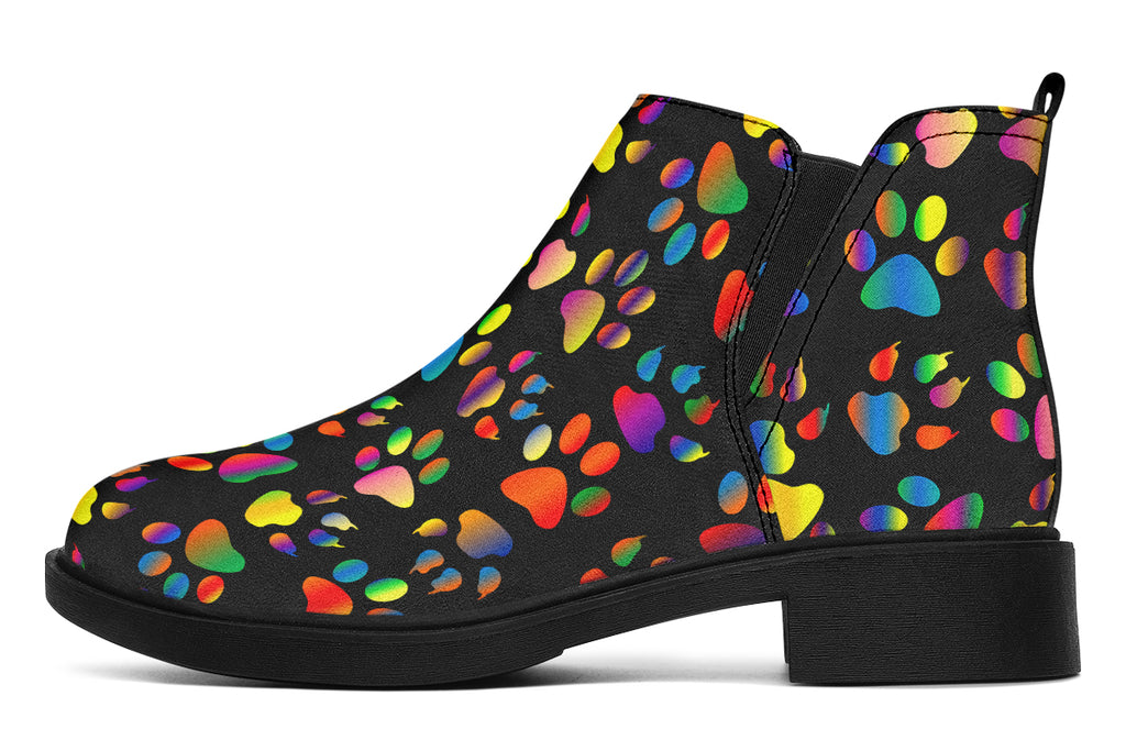 Rainbow Paw Prints Ankle Boots Black Sole Offbeat Sweetie