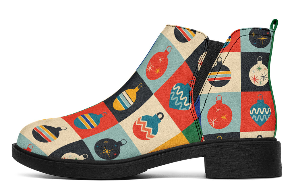 Retro Xmas Baubles Ankle Boots Black Sole Offbeat Sweetie