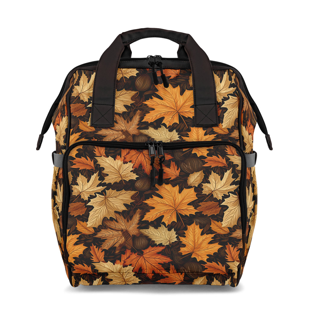 Backpack with autumn leaf pattern on a brown background
