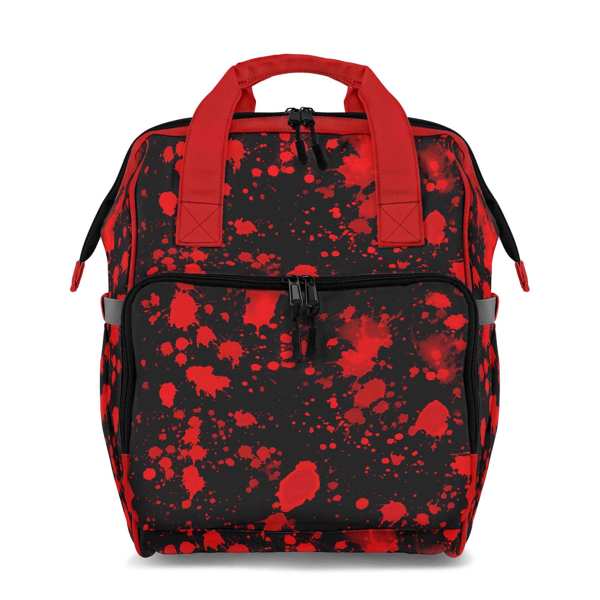 Backpack with red splatter pattern on a black background