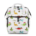 Backpack with colorful dinosaur pattern on a white background