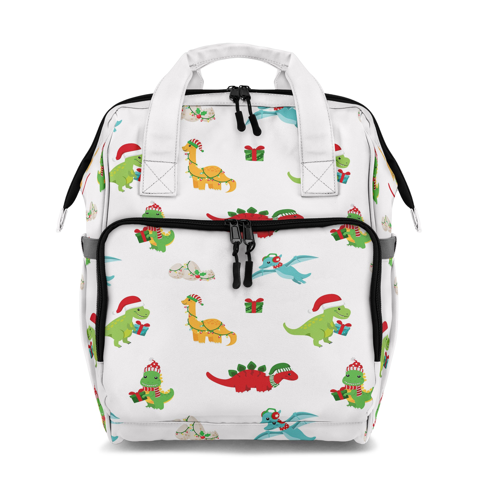 Backpack with colorful dinosaur pattern on a white background