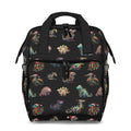 Backpack with colorful dinosaur pattern on a black background