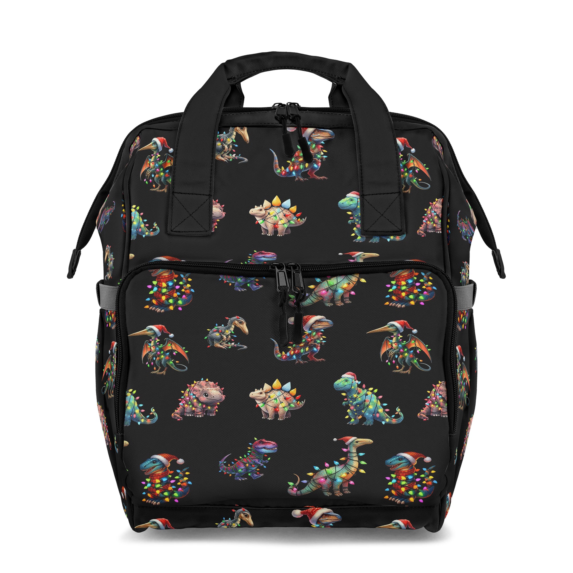 Backpack with colorful dinosaur pattern on a black background