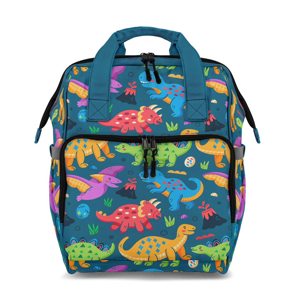 Backpack with colorful dinosaur pattern on a teal background