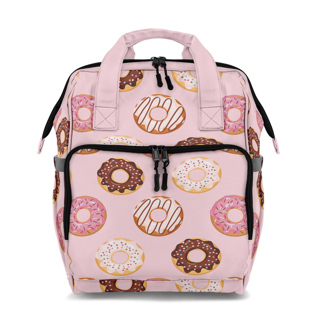 Pink backpack with donut pattern