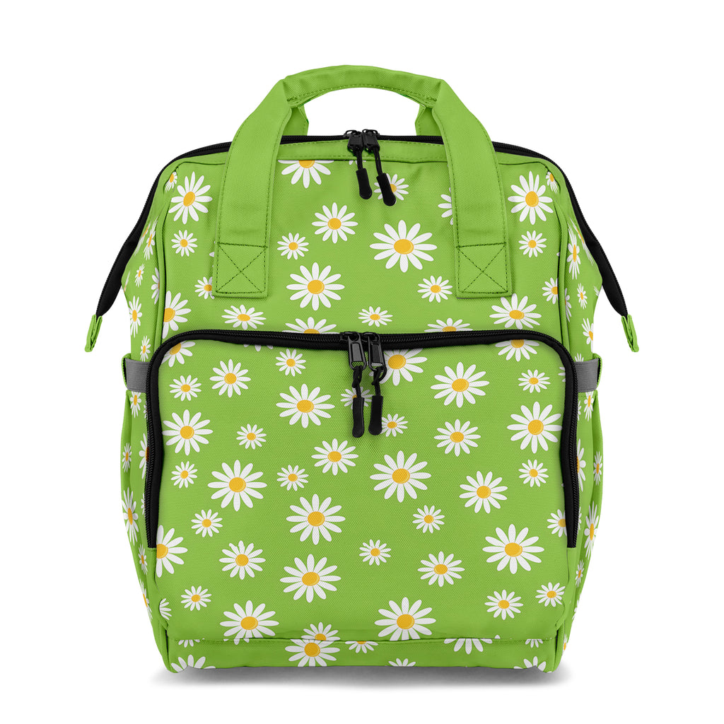 Green backpack with white daisy pattern