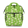 Green backpack with white daisy pattern