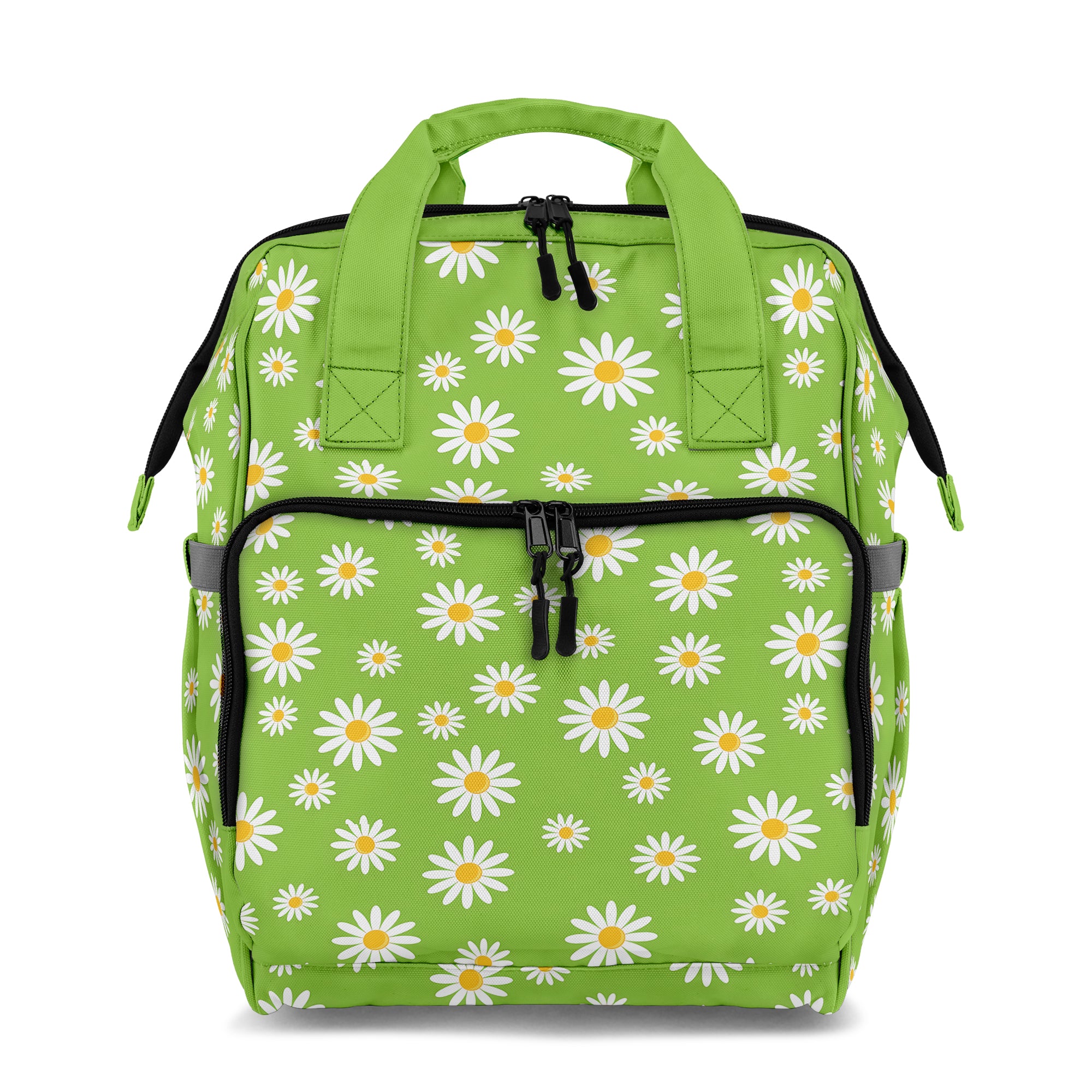 Green backpack with white daisy pattern