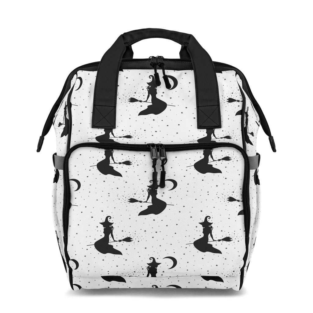 Backpack with black witch silhouette pattern on a white background