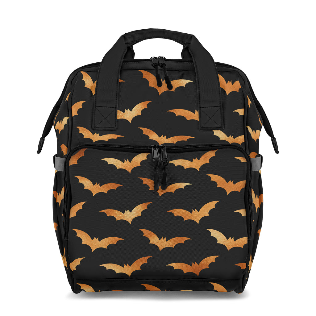 Black backpack with orange bat pattern