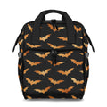 Black backpack with orange bat pattern