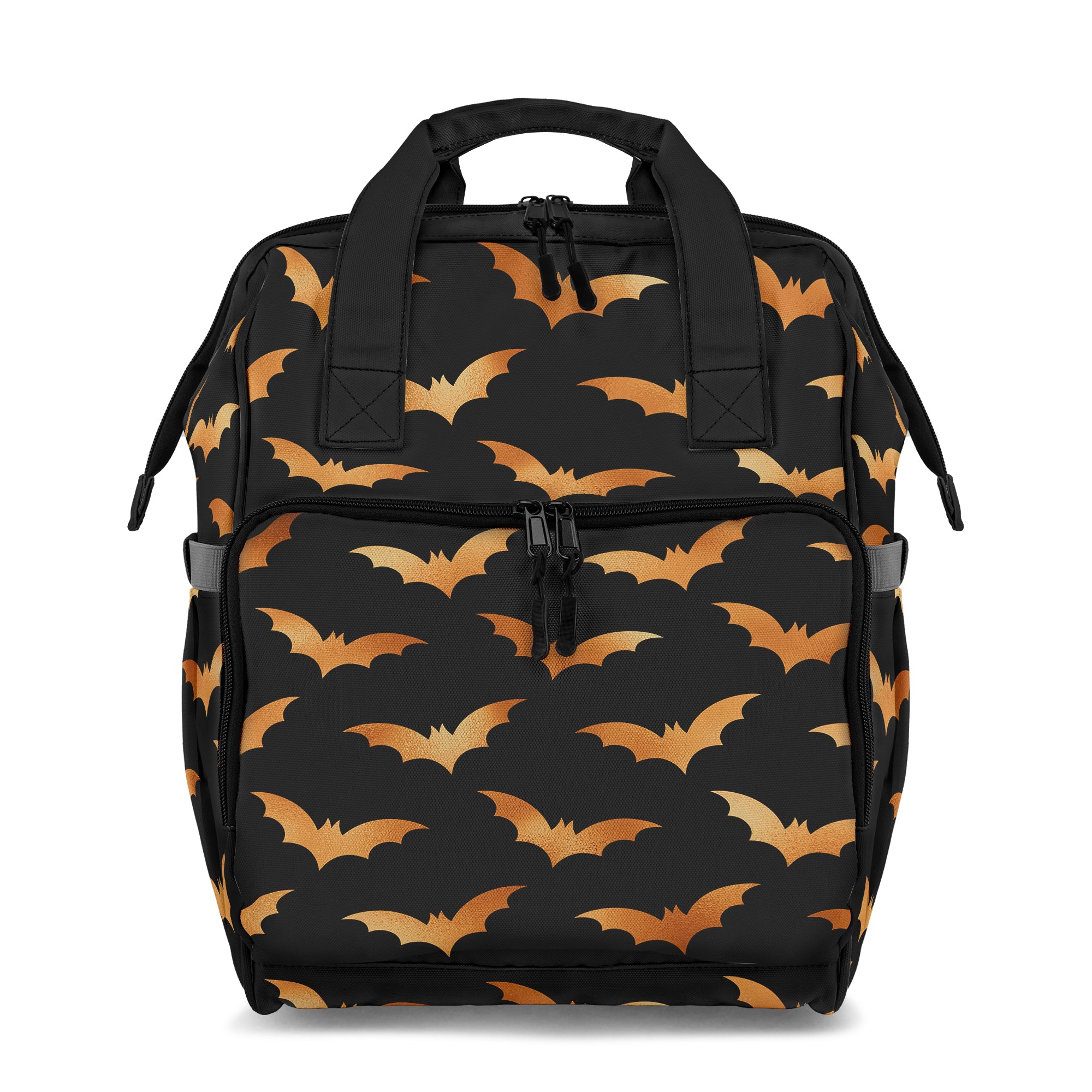 Black backpack with orange bat pattern