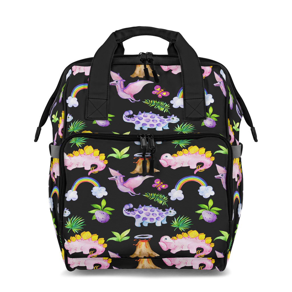 Backpack with dinosaur and rainbow pattern on a black background