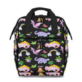 Backpack with dinosaur and rainbow pattern on a black background