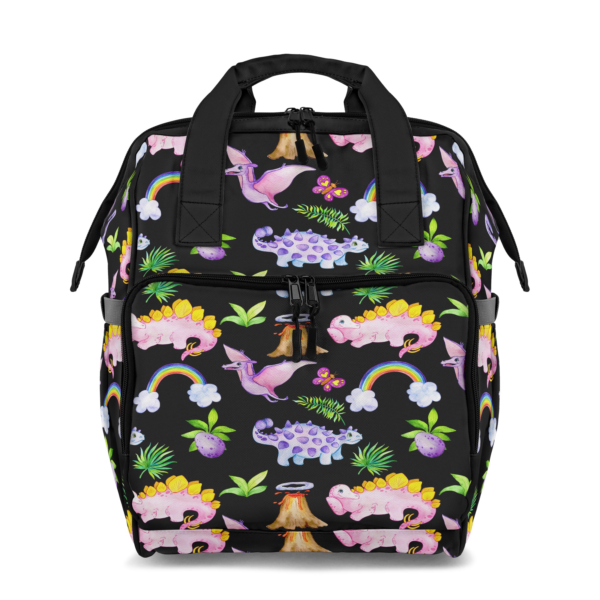 Backpack with dinosaur and rainbow pattern on a black background