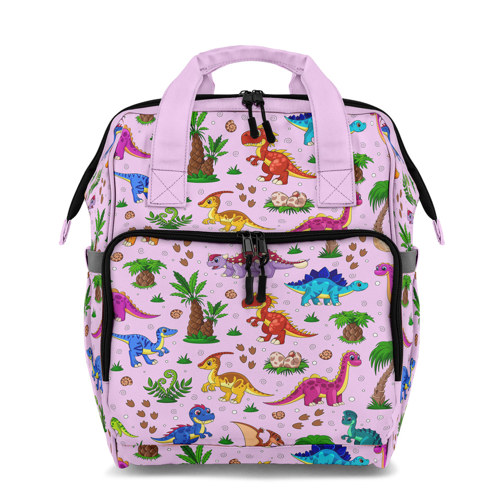 Pink backpack with colorful dinosaur pattern