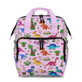 Pink backpack with colorful dinosaur pattern