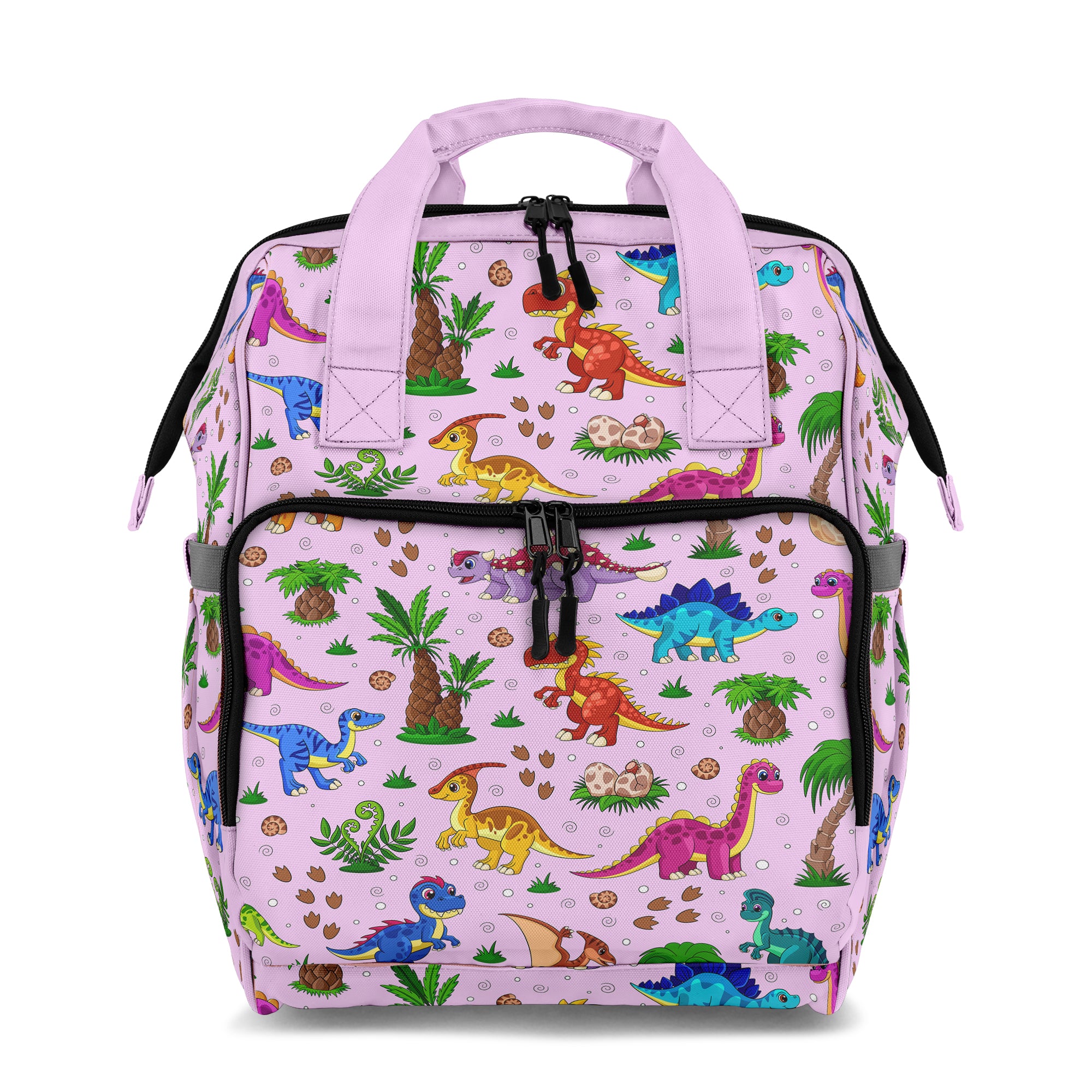 Pink backpack with colorful dinosaur pattern