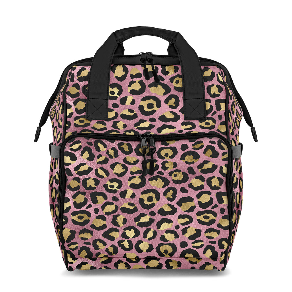 Backpack with pink background and gold leopard print pattern