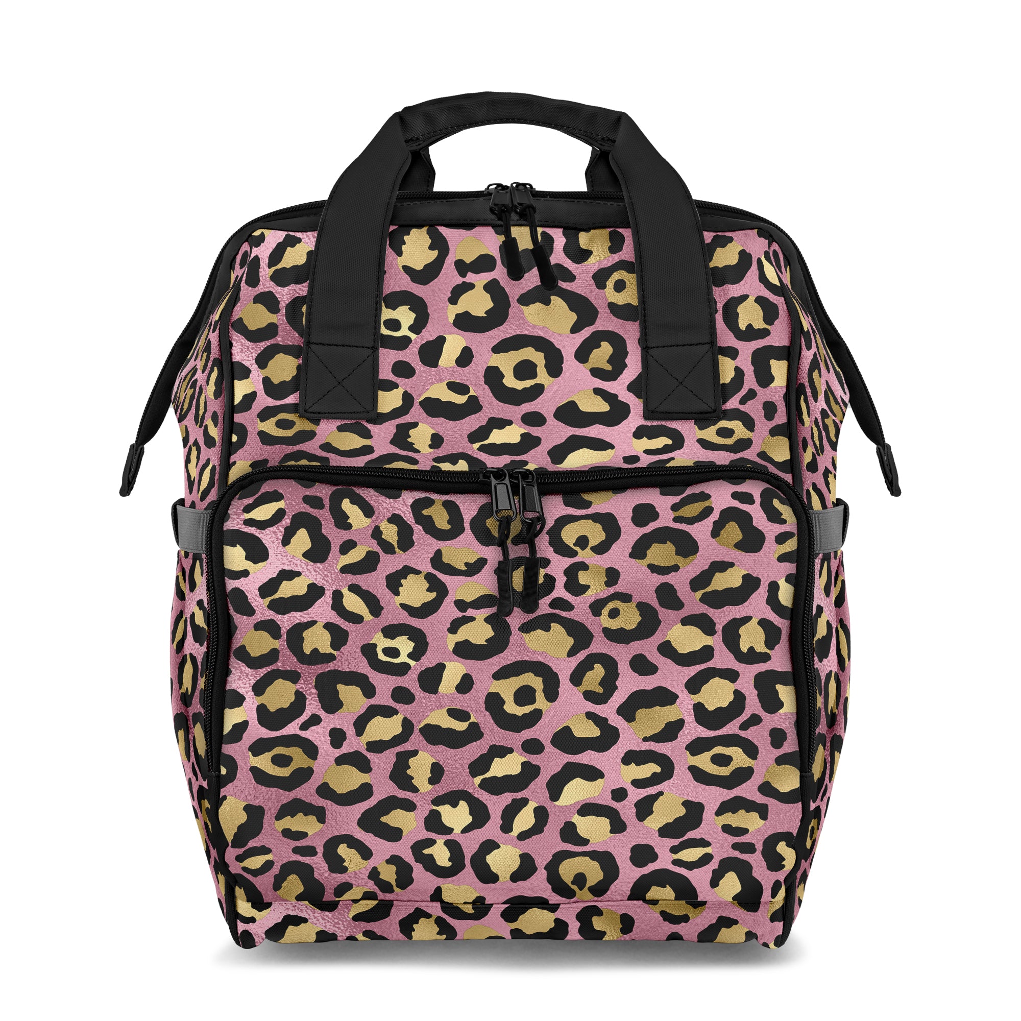 Backpack with pink background and gold leopard print pattern