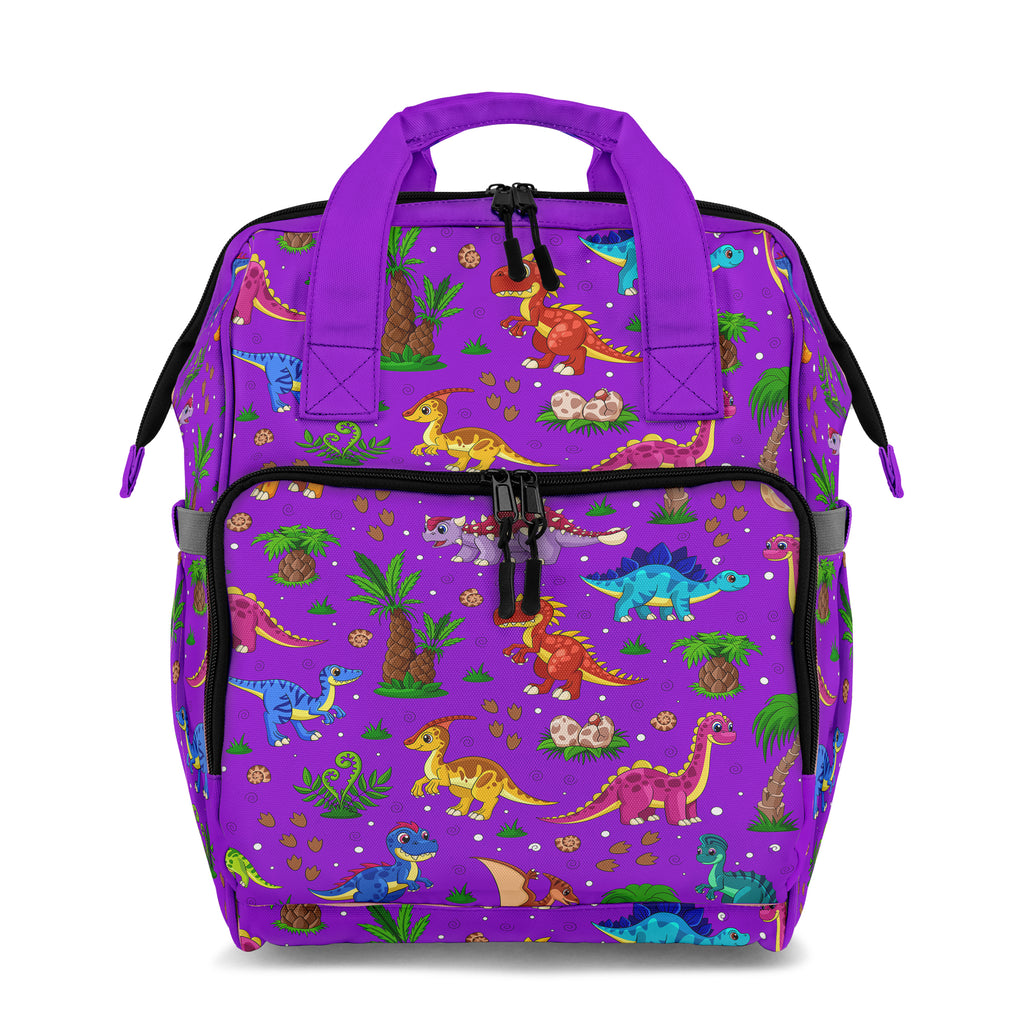 Purple backpack with dinosaur pattern 