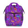 Purple backpack with dinosaur pattern 
