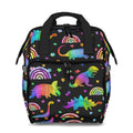 Backpack with colorful dinosaur and rainbow pattern on a black background