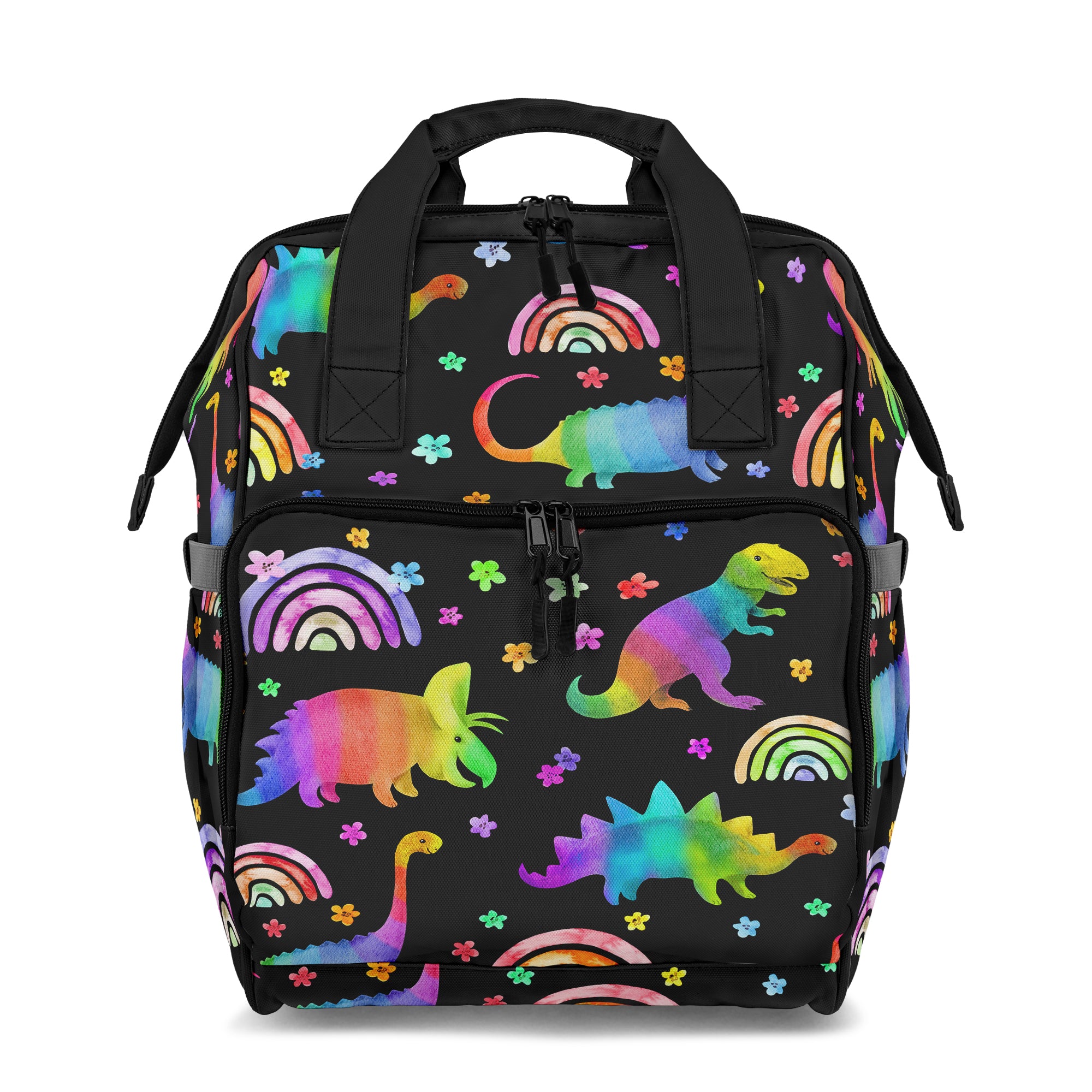 Backpack with colorful dinosaur and rainbow pattern on a black background