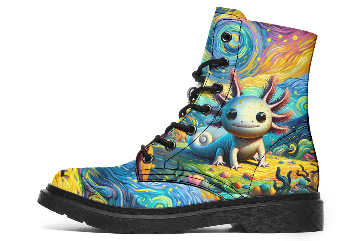 Colourful boots with axolotls on the sides and a background of landscape and sky in the style of Van Gogh