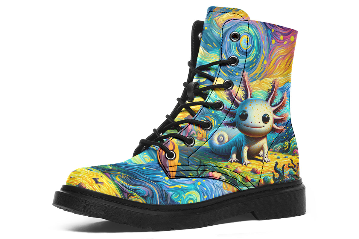 Colourful boots with axolotls on the sides and a background of landscape and sky in the style of Van Gogh
