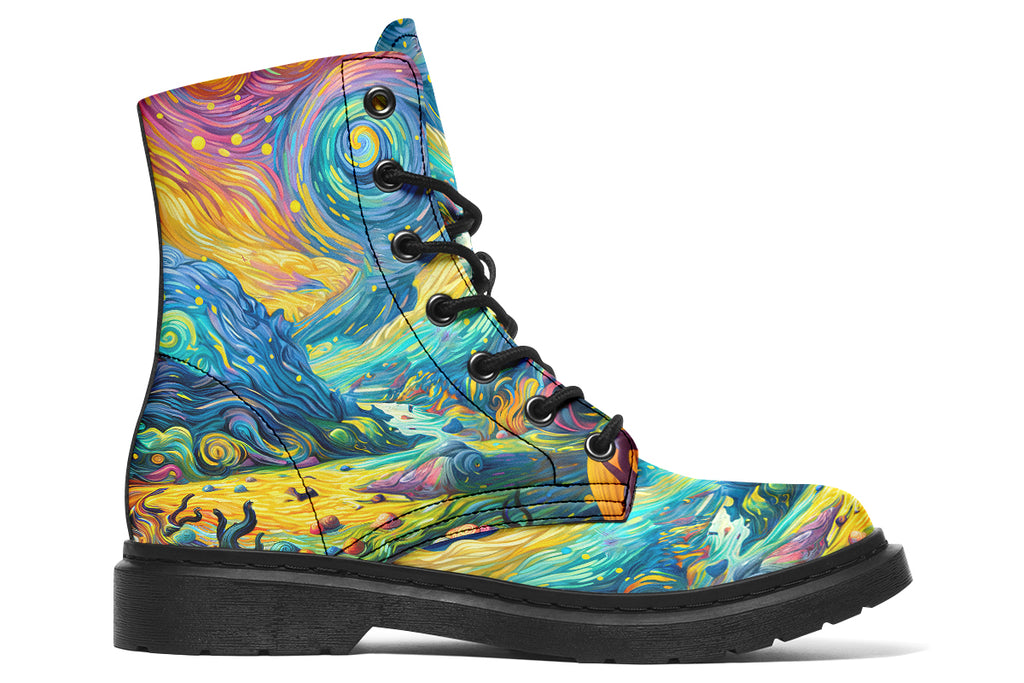 Colourful boots with axolotls on the sides and a background of landscape and sky in the style of Van Gogh