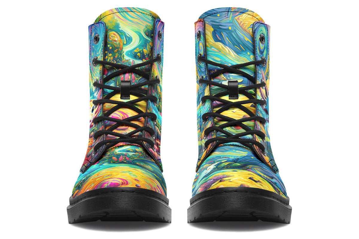 Colourful boots with axolotls on the sides and a background of landscape and sky in the style of Van Gogh