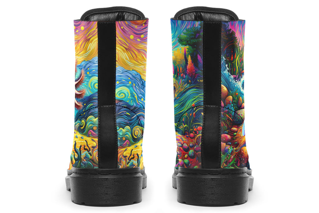 Colourful boots with axolotls on the sides and a background of landscape and sky in the style of Van Gogh