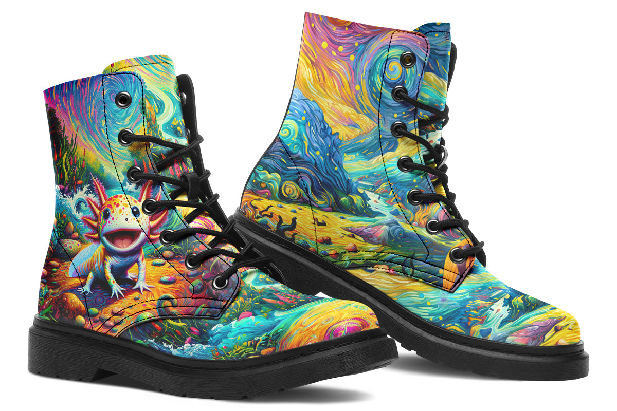 Colourful boots with axolotls on the sides and a background of landscape and sky in the style of Van Gogh