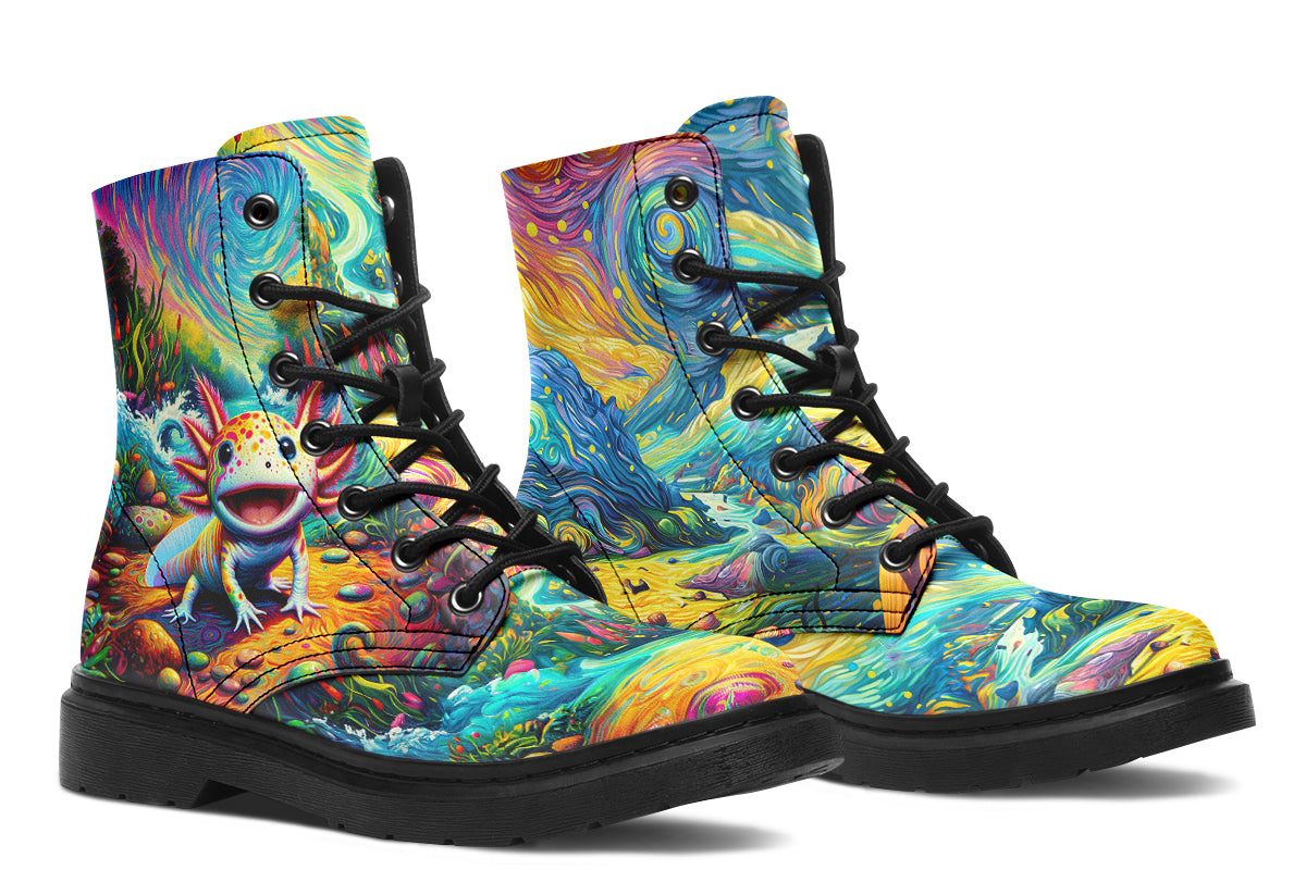 Colourful boots with axolotls on the sides and a background of landscape and sky in the style of Van Gogh