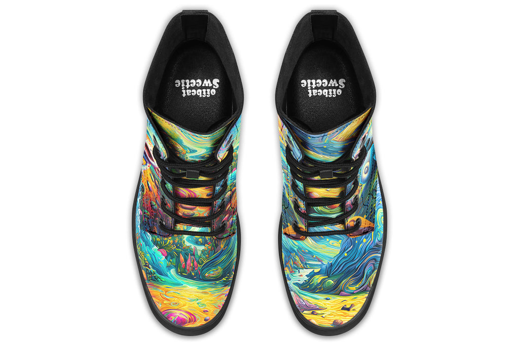 Colourful boots with axolotls on the sides and a background of landscape and sky in the style of Van Gogh