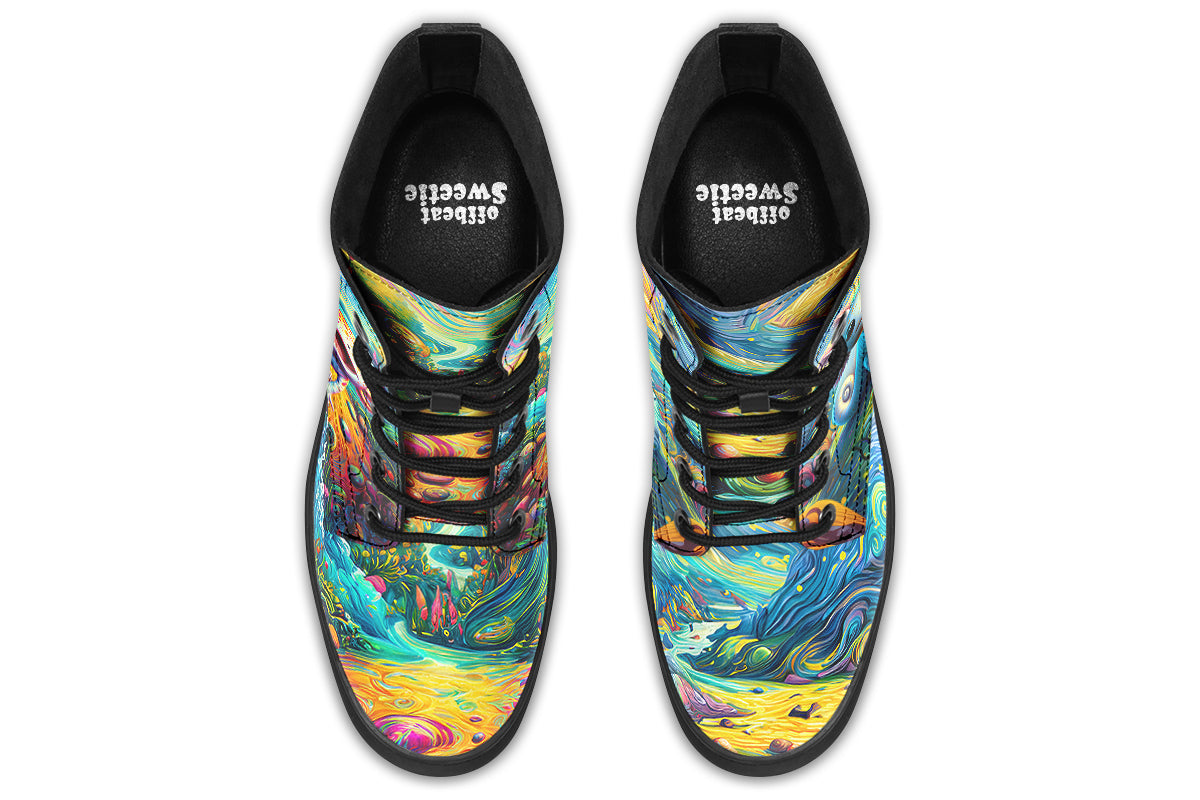 Colourful boots with axolotls on the sides and a background of landscape and sky in the style of Van Gogh